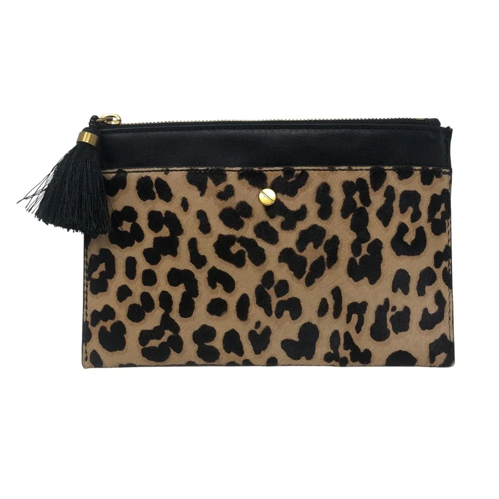 J.Crew Clutch Brown Leopard Calf Hair Leather Tassel Pouch Evening Bag
